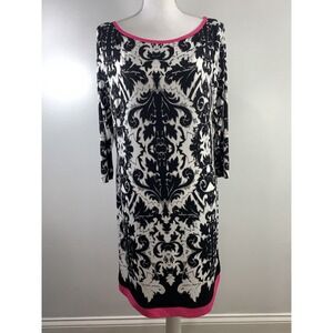 Eliza J Womens Geometric Print Shift Dress Sz 14 Slinky Stretch Knit Black White